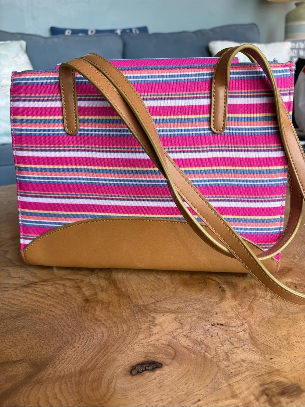 Kate Spade Striped Pink Canvas Tote with Tan Trim and Bow